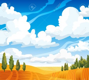 15487408-autumn-landscape-with-yellow-meadow-and-green-trees-on-a-blue-cloudy-sky